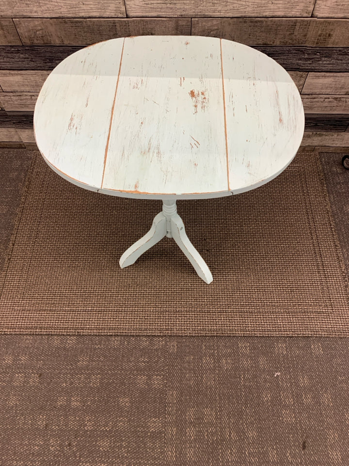 LIGHT BLUE OVAL DROP LEAF SIDE TABLE.