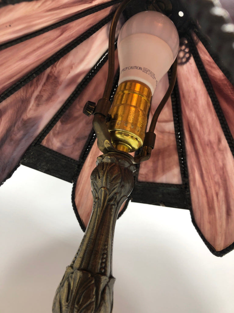 STAINED GLASS LAMP W/GEAR DESIGN + BRASS BASE.