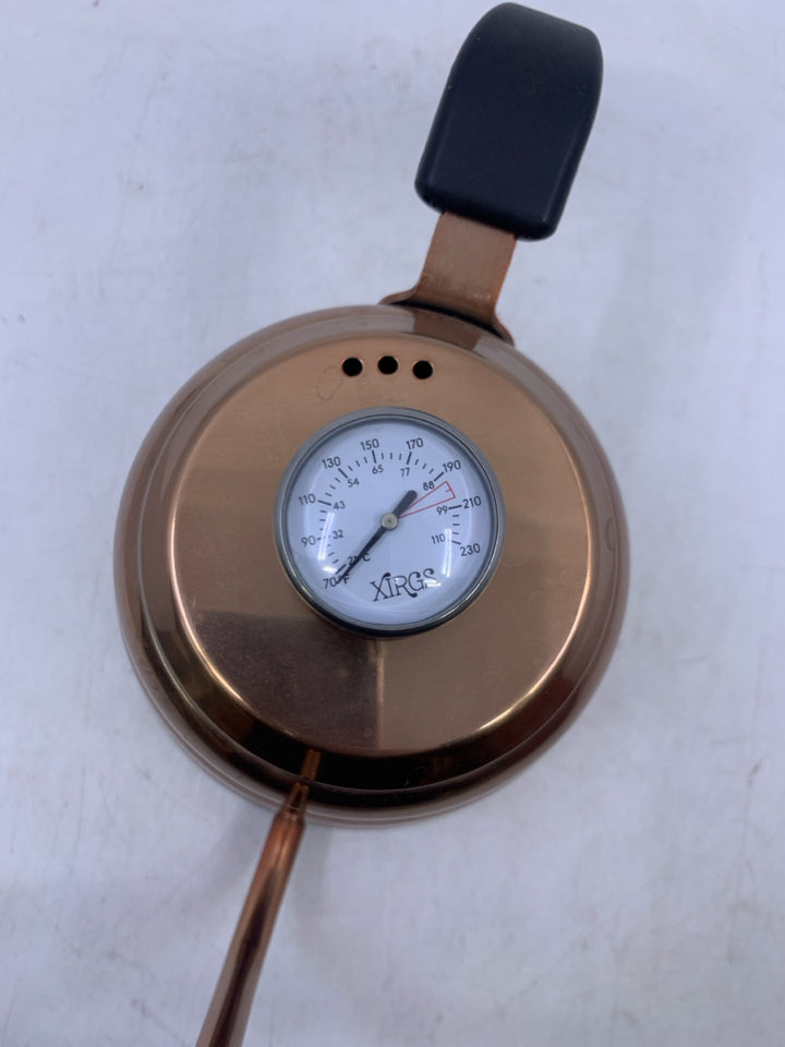 STAINLESS STEEL COPPER COLORED GOOSENECK W/ THERMOMETER BEE HIVE KETTLE.