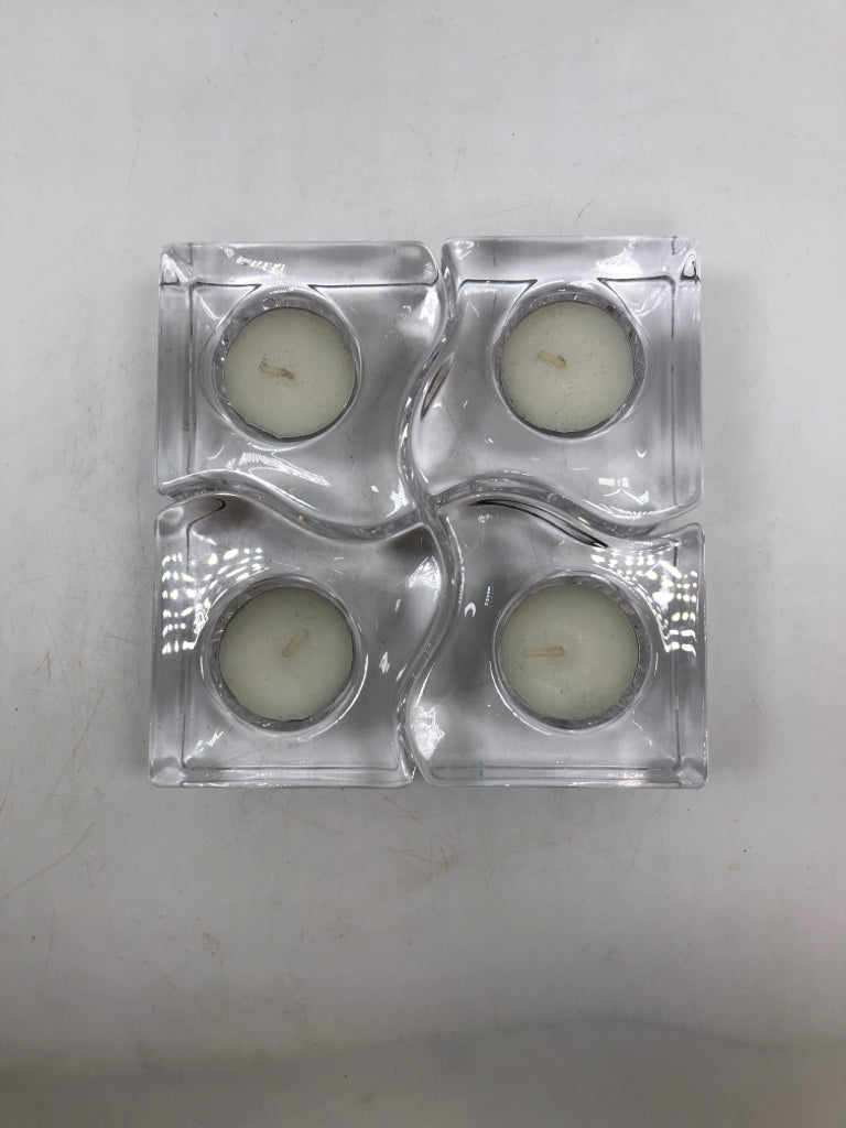 4PC ORREFORS SWEDEN PUZZLE CRYSTAL VOTIVE CANDLE HOLDERS.
