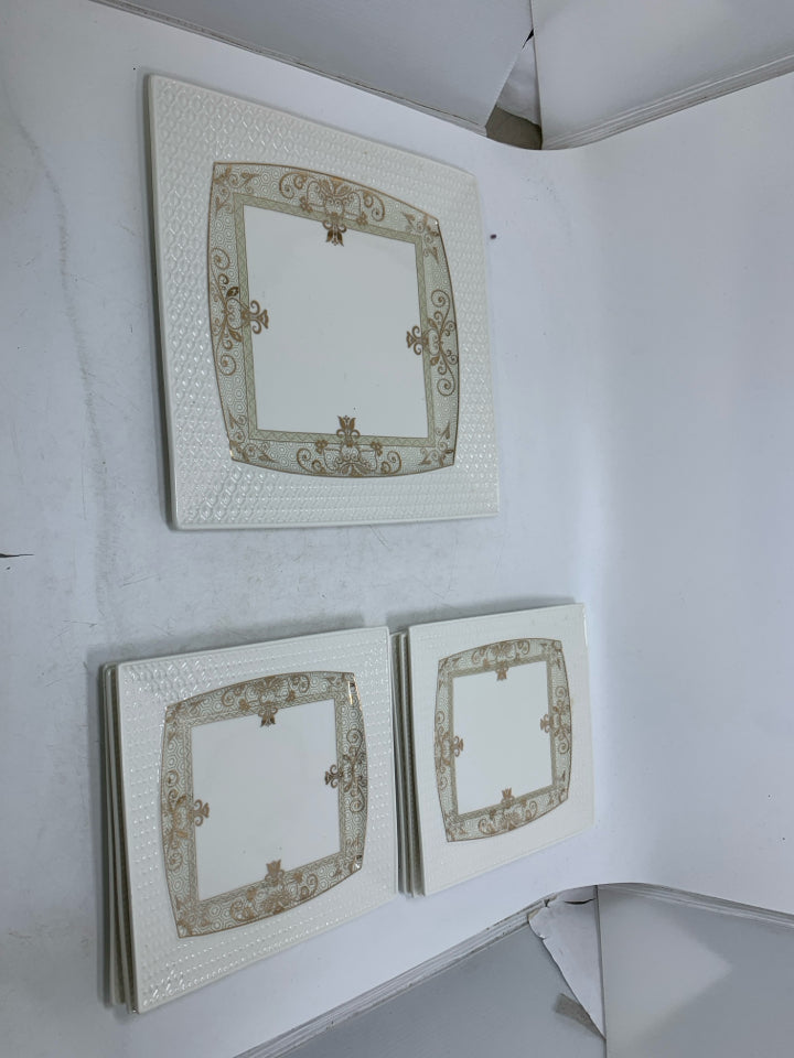 7 PC SQUARE PLATES W/ EMBOSSED EDGE GOLD DETAILS DESSERT SET.
