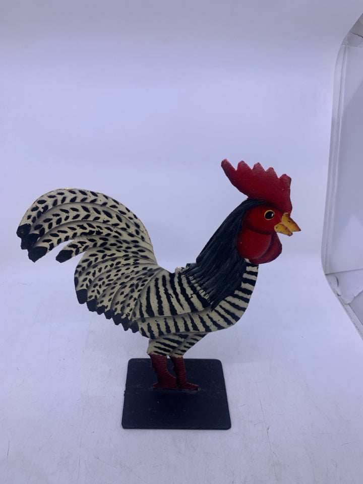PAINTED B/W STRIPED STANDING METAL ROOSTER.