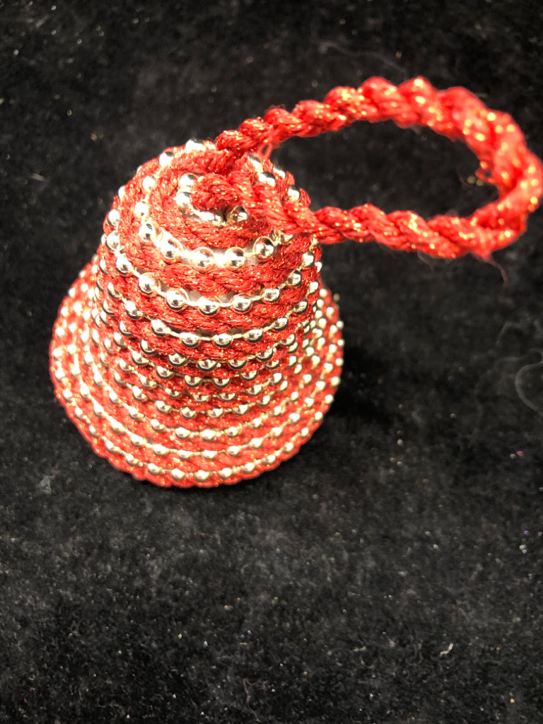 SILVER/RED BEADED BELL ORNAMENT.