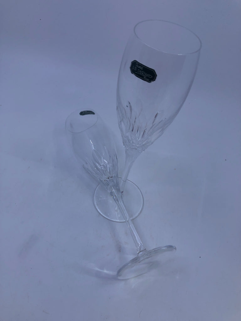 2 CRYSTAL CARVED BOTTOM CHAMPAGNE FLUTES- W STICKER.
