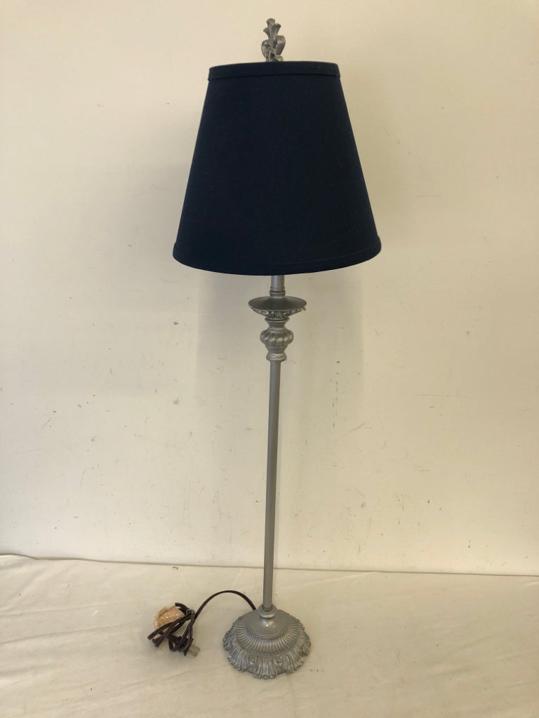 GRAY WOODEN SKINNY BASE LAMP W/NAVY SHADE.