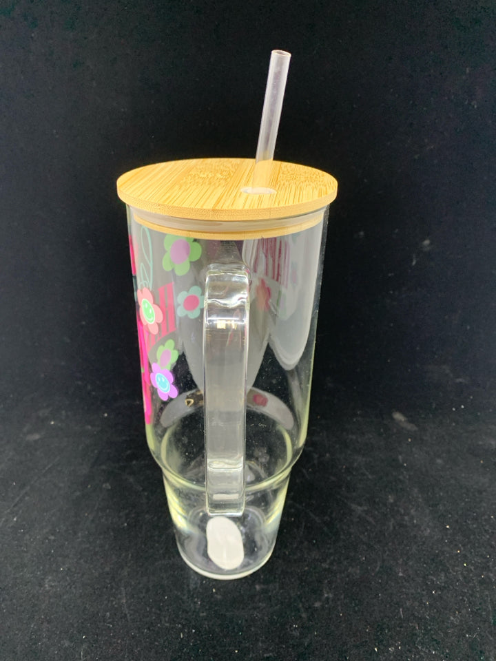 BE HAPPY GLASS WATER BOTTLE FLORAL W/BAMBOO LID, GLASS HANDLE & STRAW.