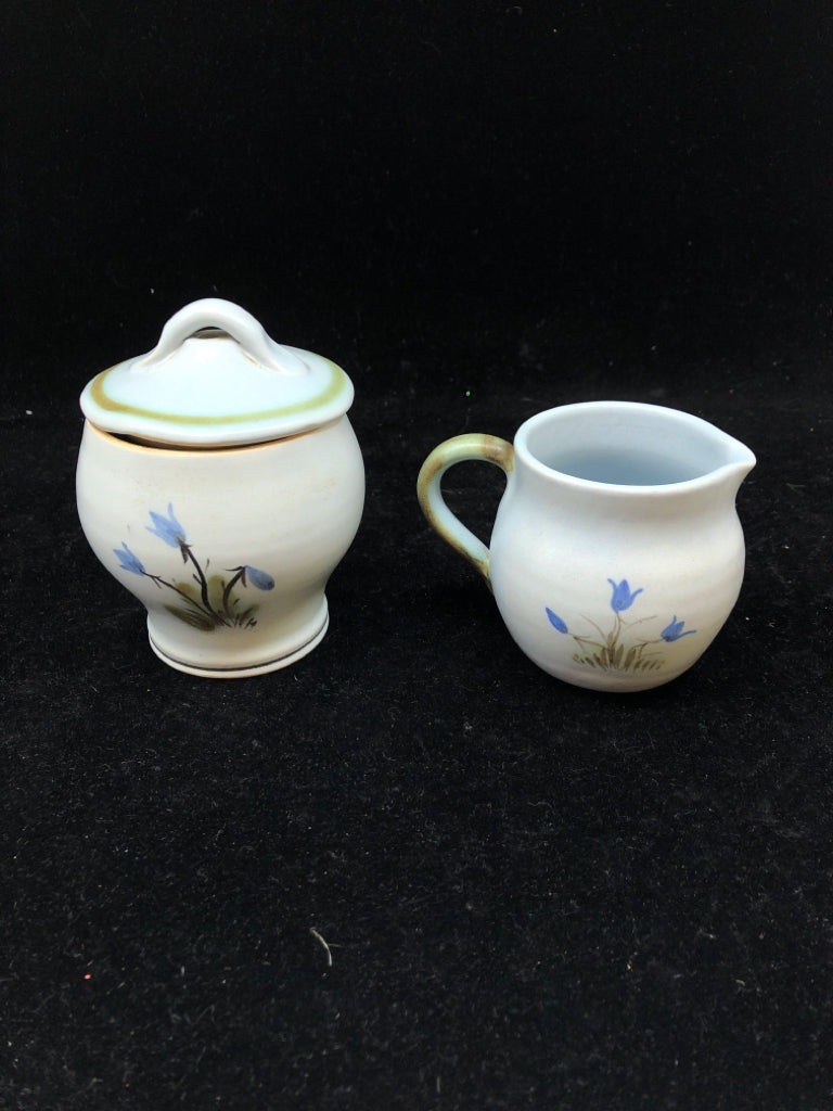 BLUE/GREEN POTTERY PAINTED CREAMER AND SUGAR.