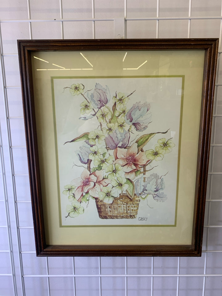 PASTEL FLORAL IN BASKET IN WOOD FRAME WALL ART.