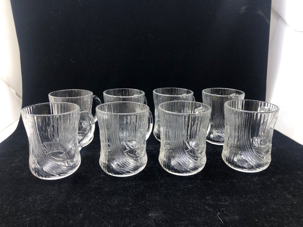 8 FLORAL CUT GLASS MUGS-ARCOROC FRANCE.