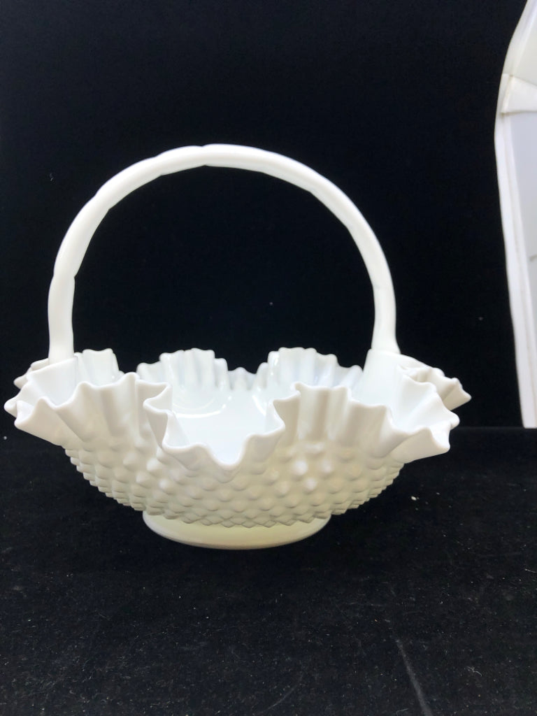 VTG LARGE HOBBNAILED MILK GLASS BASKET.