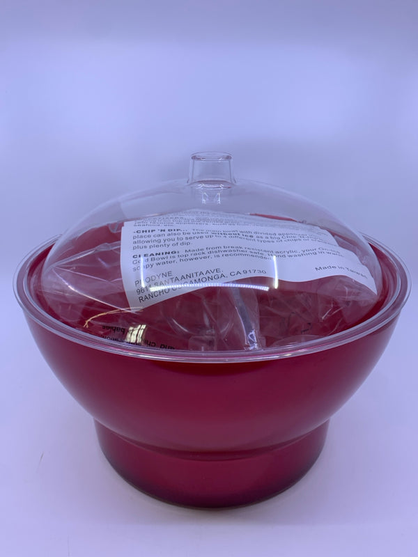 RED PLASTIC SALAD AND APP ON ICE BOWL WITH DOME LID.