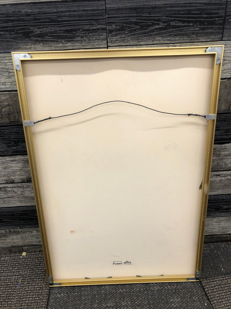 RED FLORAL W YELLOW BACK GROUND IN GOLD FRAME.