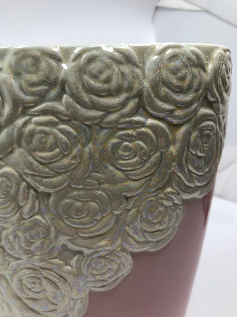 PINK VASE W/WHITE IRIDESCENT EMBOSSED FLOWERS.