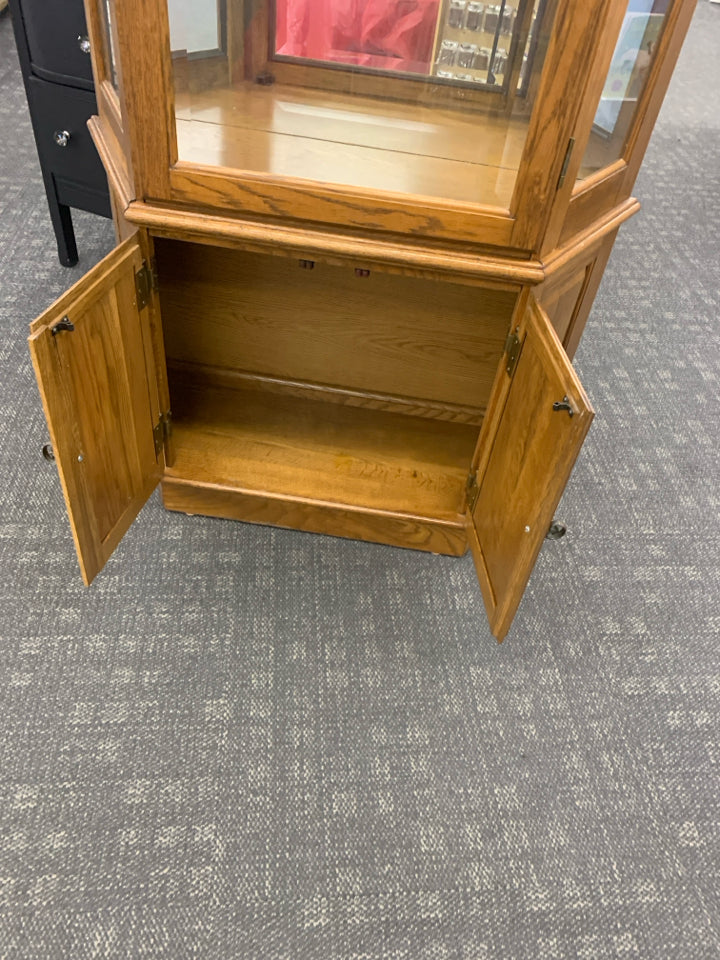 WOOD GLASS CURIO CABINET LIGHT WOOD 3 GLASS SHELVES CABINET ON BOTTOM.