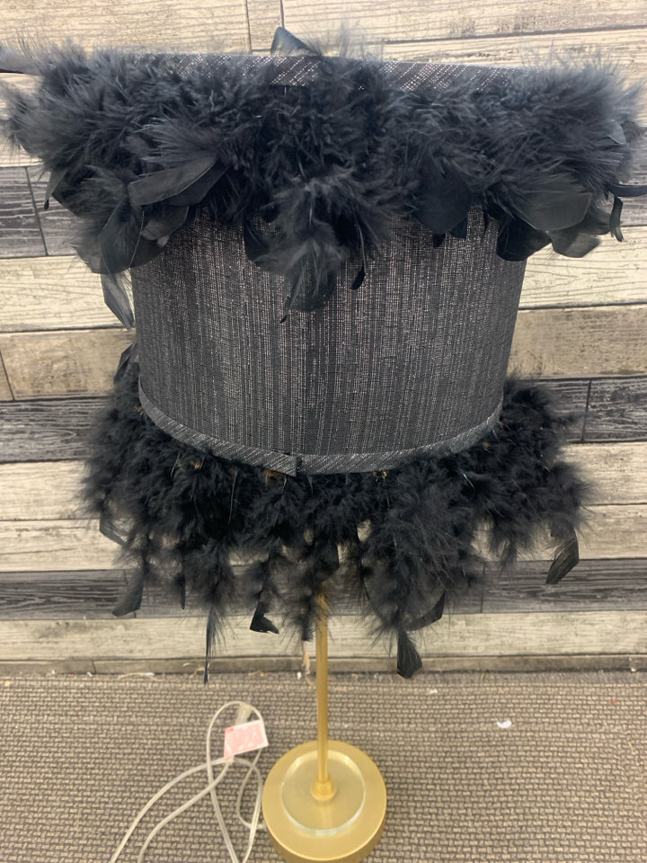 SKINNY BASE LAMP W BLACK FEATHER SHADE.