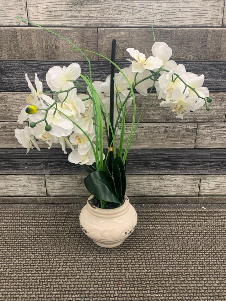 FAUX WHITE ORCHID IN RUSTIC CERAMIC POT.
