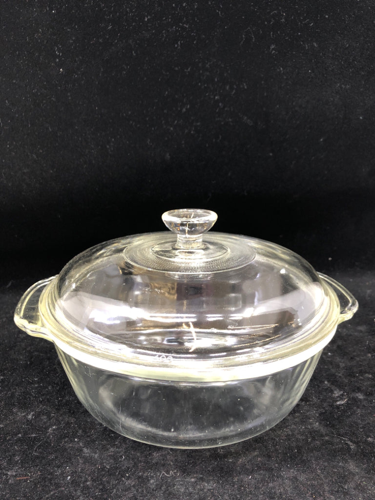 FIRE KING CLEAR CASSEROLE DISH.