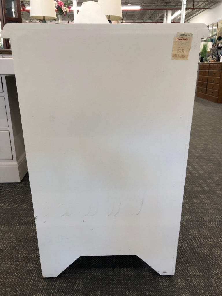 WHITE WOOD NIGHT STAND W/3 BLACK DRAWERS.