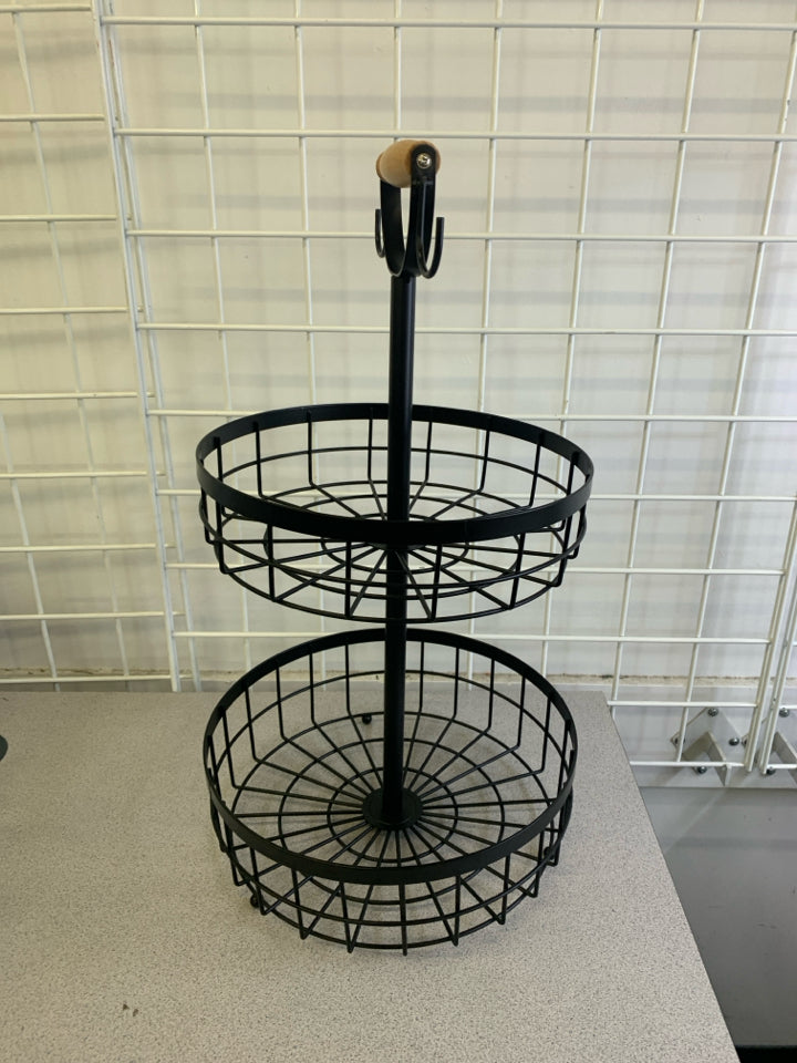 2 TIER BLACK METAL FRUIT BASKET W/ WOOD HANDLE.