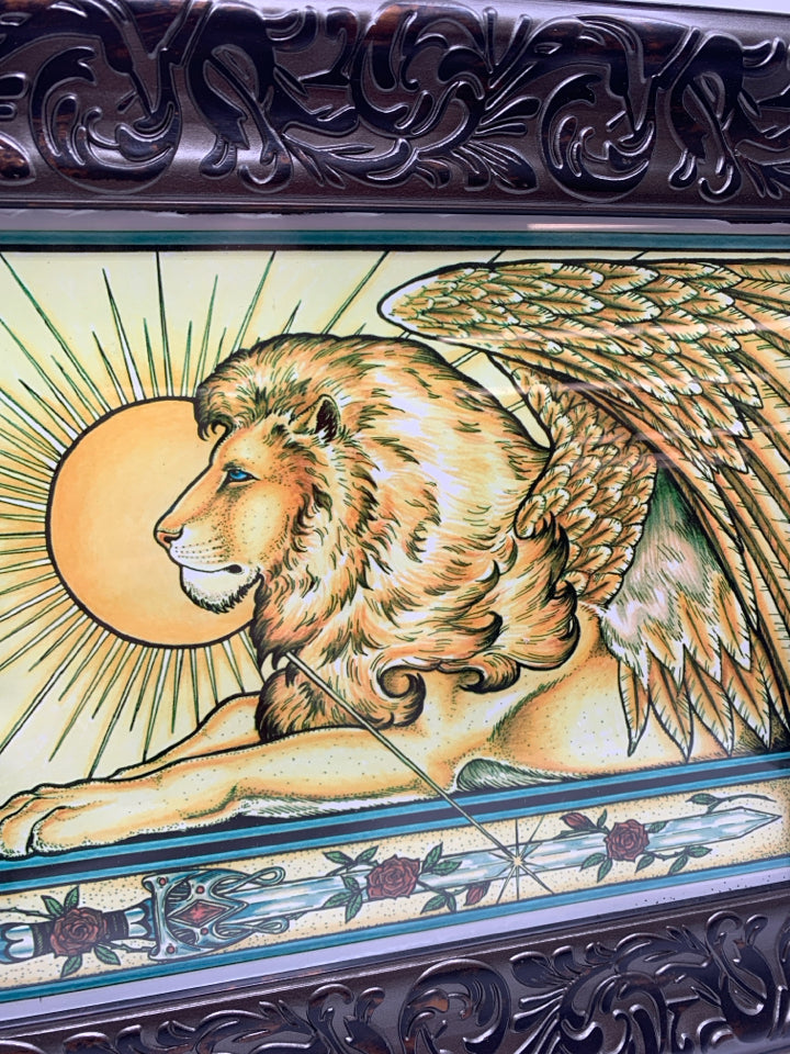 WINGED LION PRINT IN BROWN FRAME.