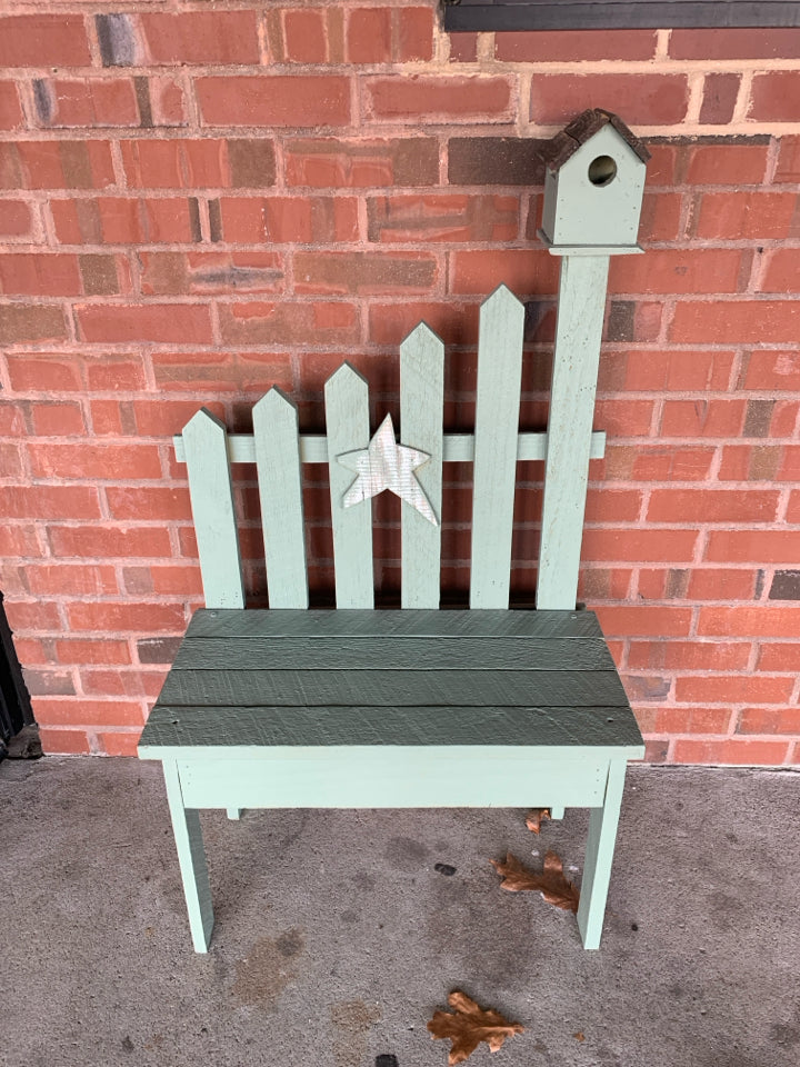 PRIMITIVE TEAL FENCE LIKE GARDEN BENCH W/ SMALL BIRD HOUSE.