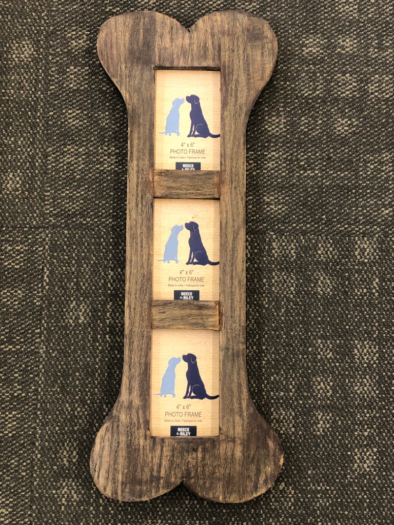BONE SHAPED WOODEN 3 SECTION PHOTO FRAME.