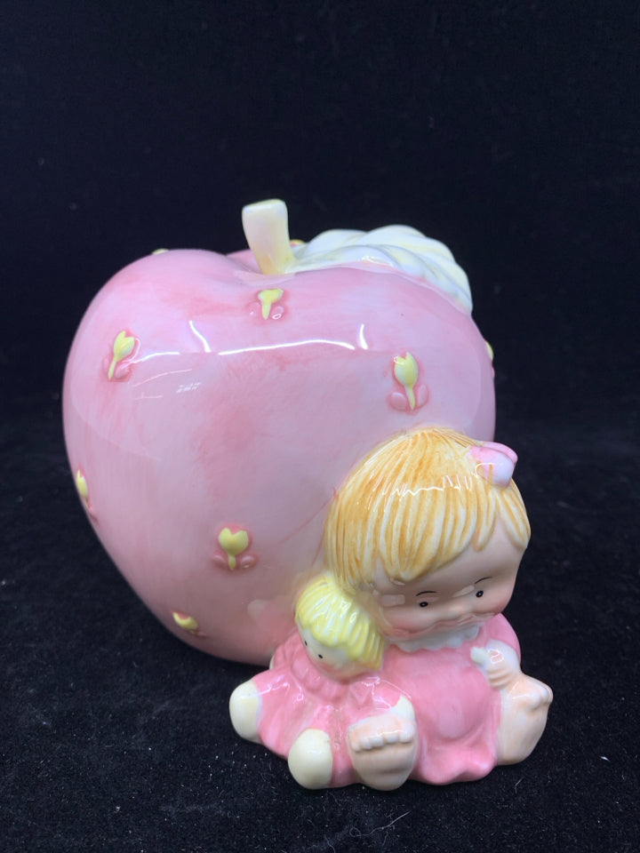 PINK APPLE PIGGY BANK W LITTLE GIRL.