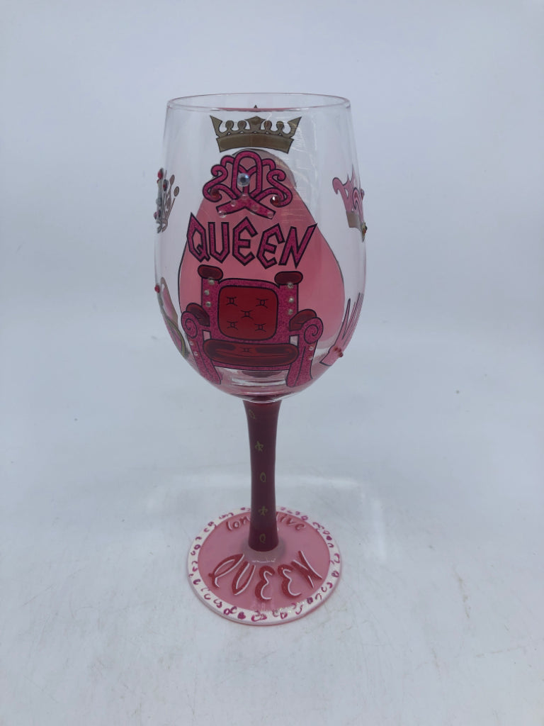 "LONG LIVE THE QUEEN" PAINTED WINE GLASS.