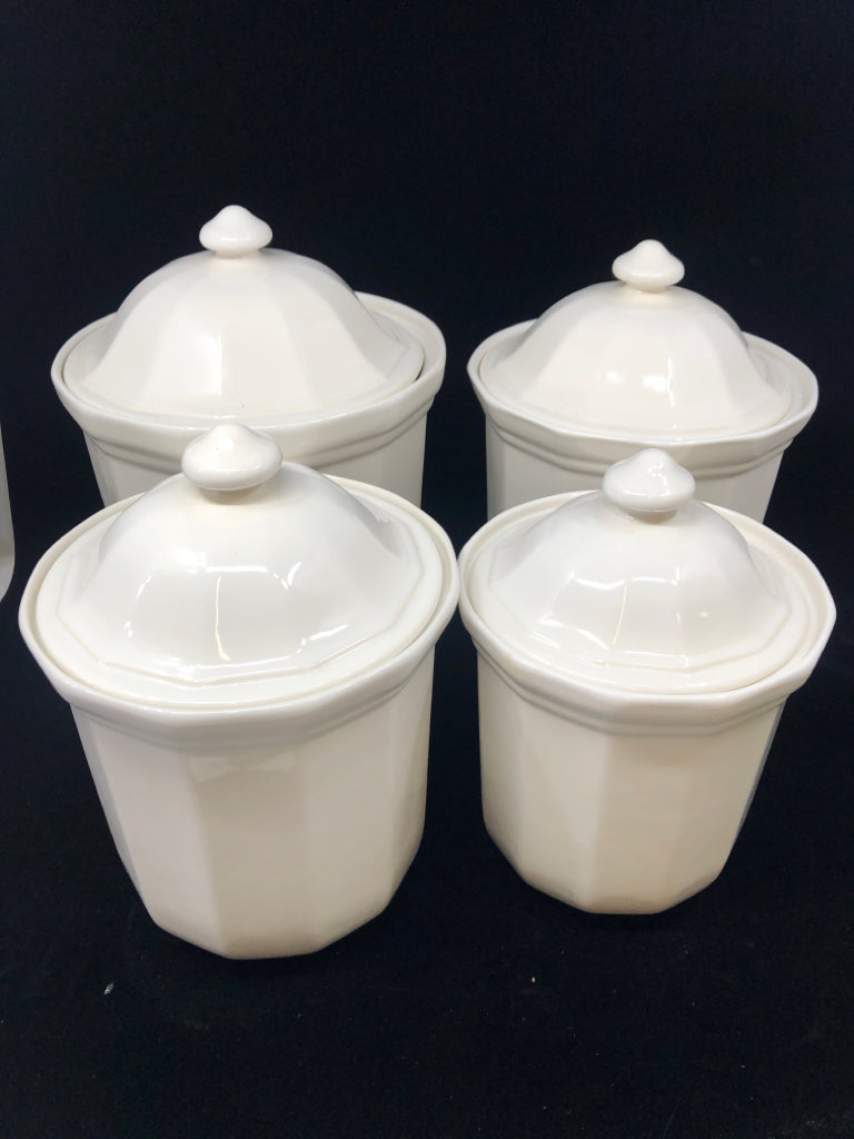 4 WHITE CANISTERS W/LIDS.