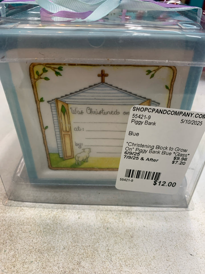 "Christening Block to Grow On" Piggy Bank Blue *Glass*