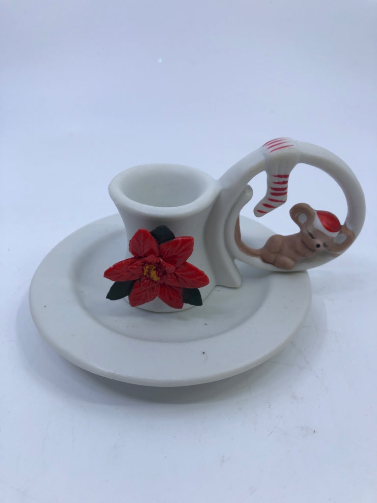 2 VTG POINSETTIA AND EMBOSSED MOUSE TAPER CANDLE HOLDERS.