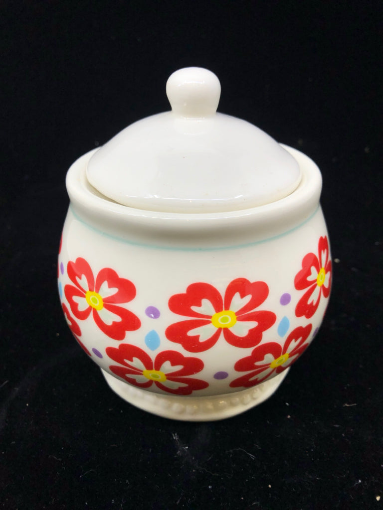 2 PC WHITE W/ RED/PURPLE FLOWERS SUG/CREAMER SET.