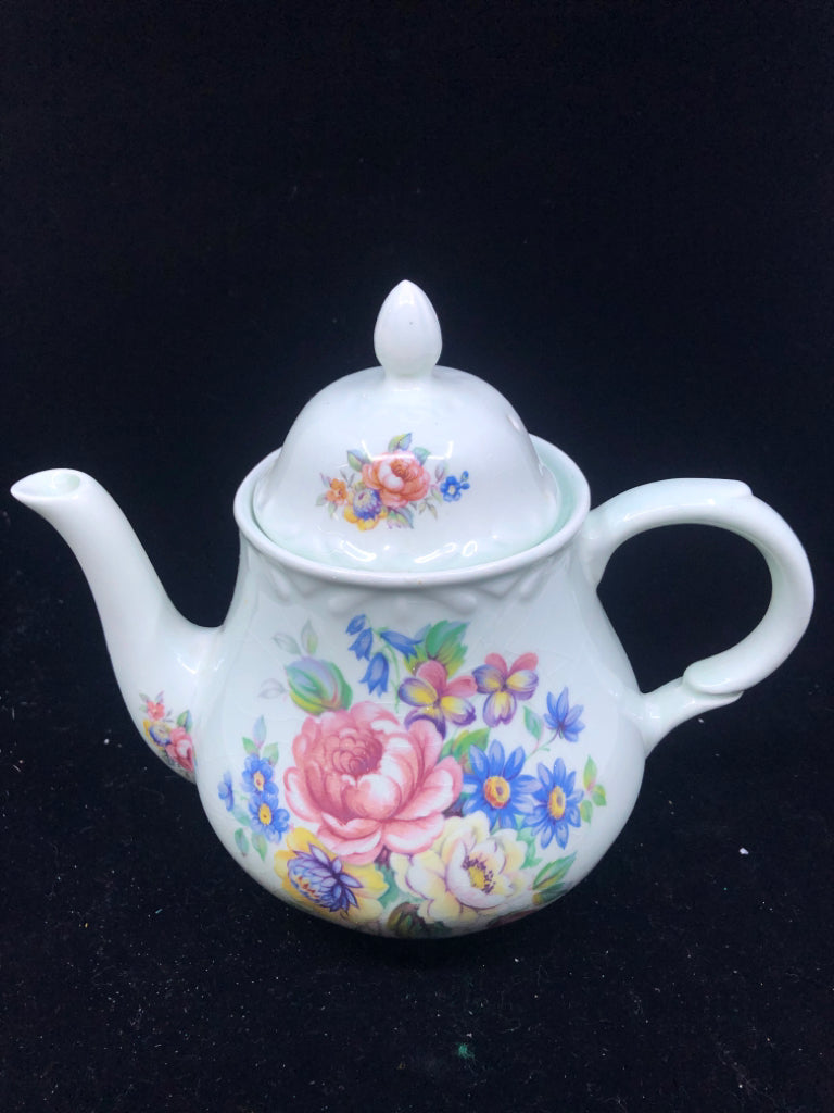 VTG GREEN W PINK AND BLUE FLORAL TEA POT- ENGLAND.