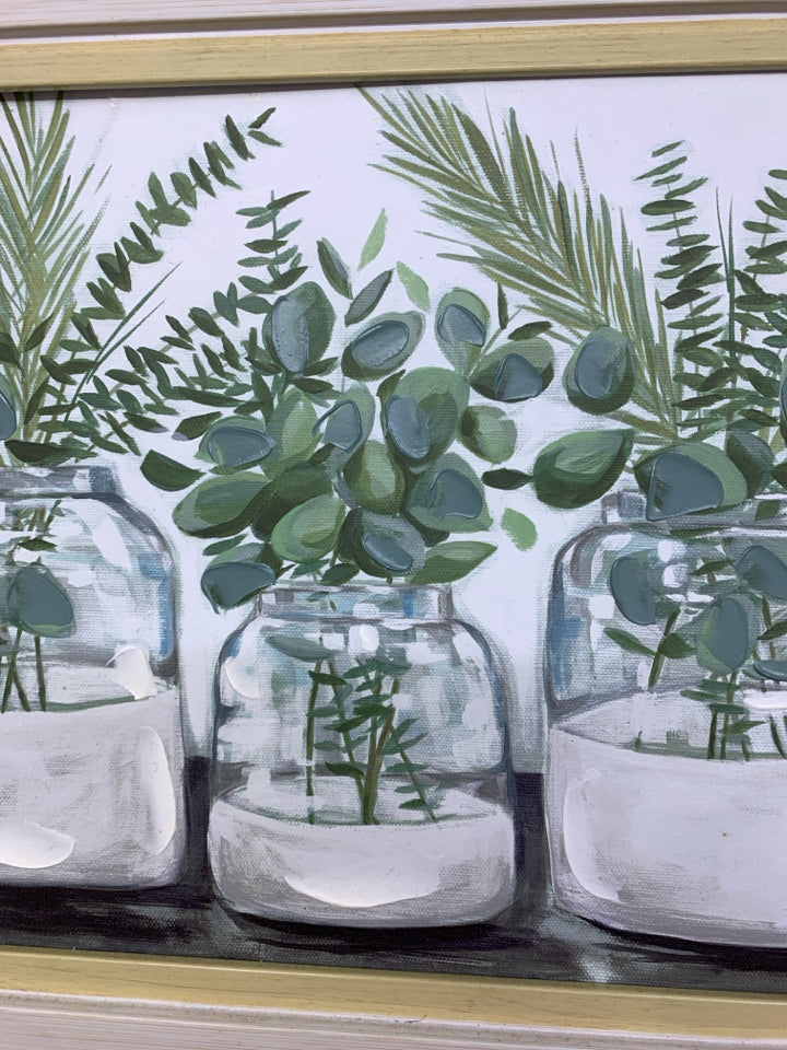 SUCCULENTS PAINTED CANVAS IN WHITE WOOD FRAME.