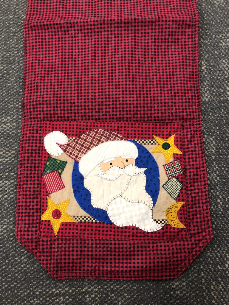 RED PLAID SANTA TABLE RUNNER.