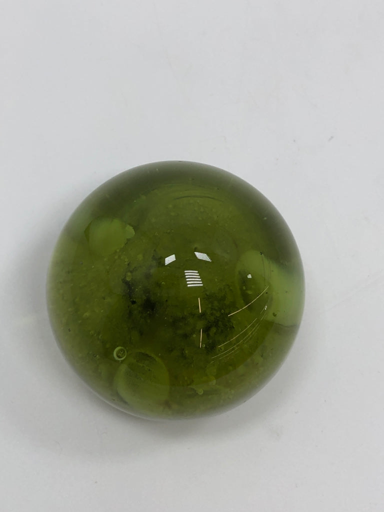 GREEN GLASS PAPER WEIGHT.