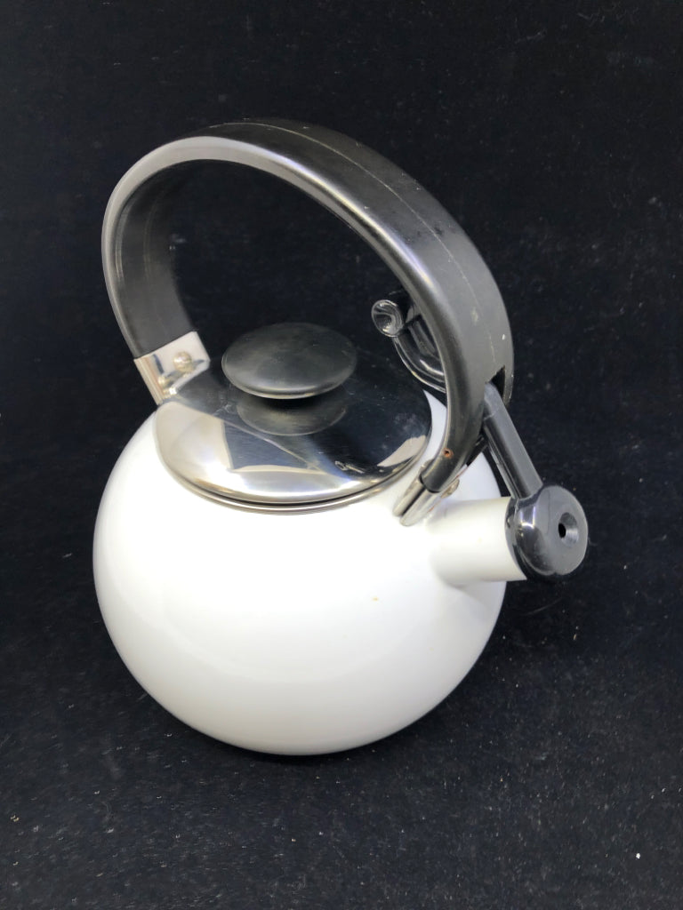 WHITE ENAMEL TEA KETTLE.