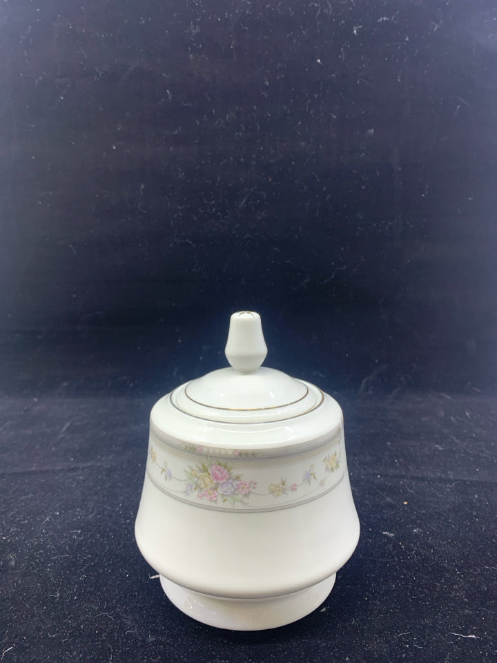 GREY FLORAL SUGAR BOWL.