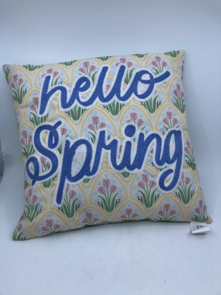 HELLO SPRING W/ PINK TULIPS BACKGROUND PILLOW.