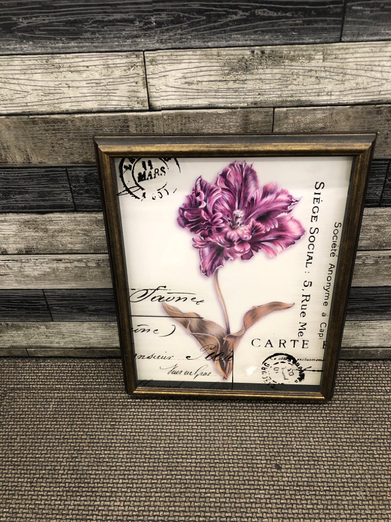 PURPLE FLORAL IN SHADOW BOX W SCRIPT WALL HANGING.