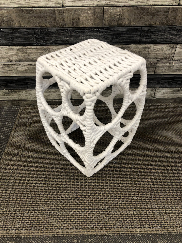 WHITE ROPE-WRAPPED GEOMETRIC ACCENT TABLE.