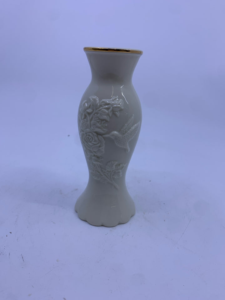 IVORY ROSE/HUMMING BIRD EMBOSSED LENOX VASE.