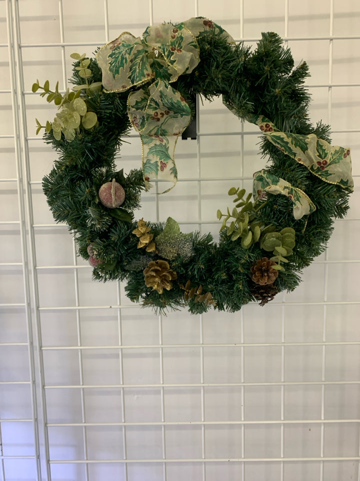 WREATH W HOLLY AND BERRIES BOW.