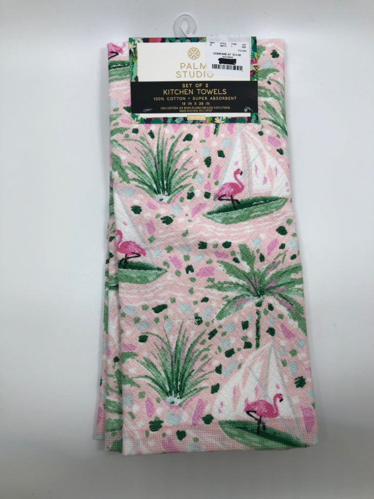 NWT 2 PALM TREE+FLAMINGO KITCHEN TOWELS.