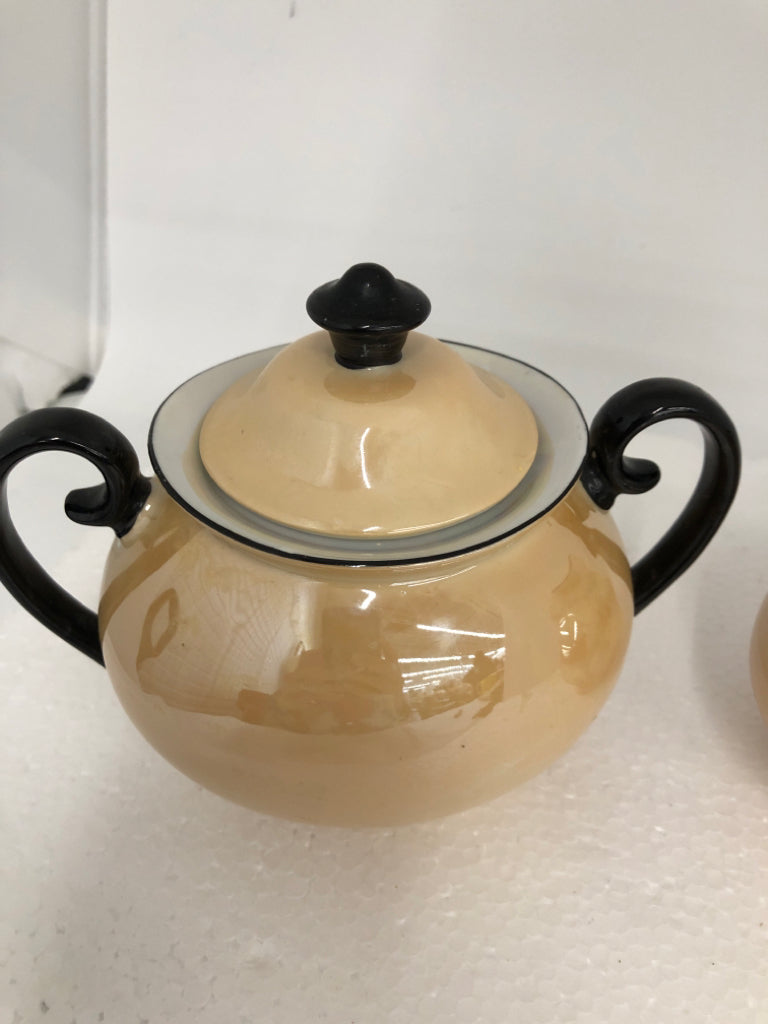 2 PC VTG PEACH IRIDESCENT SUG/CREAMER W/ BLACK HANDLES LAUREL CHINA.