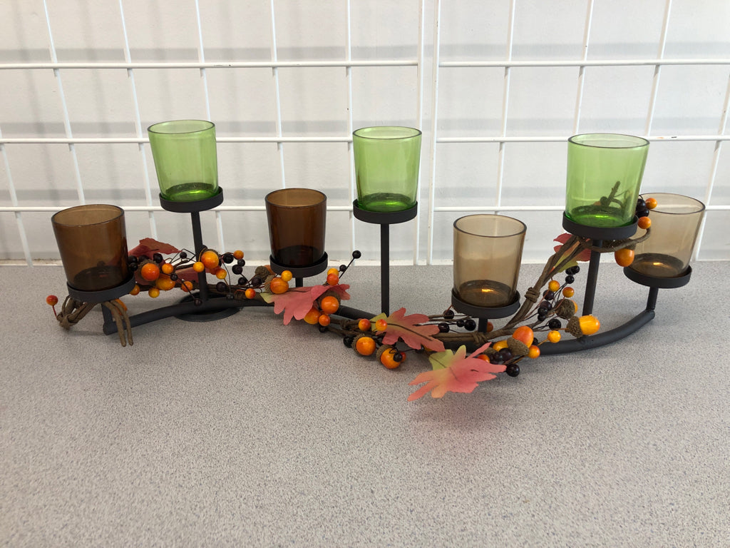 MAPLE LEAVES CANDLE HOLDER W/COLORFUL GLASS VOTIVES.