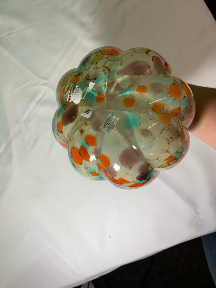 COLORFUL DOTS BLOWN GLASS PUMPKIN W/GLITTER GOLD STEM.