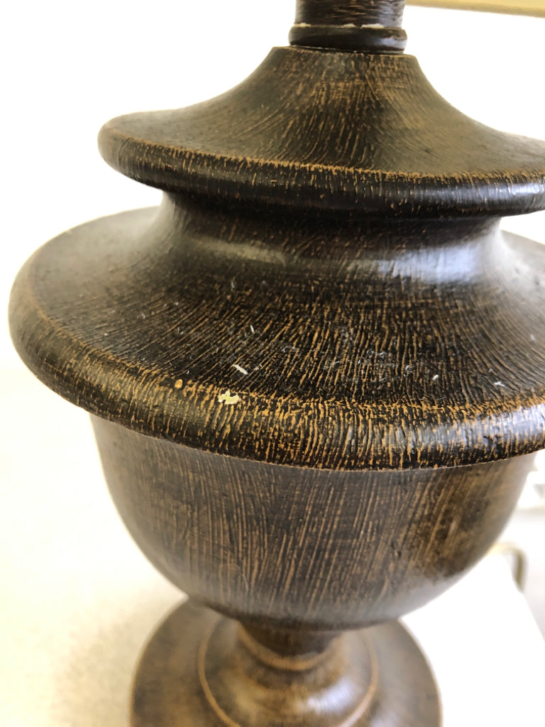 BROWN BASE LAMP W CREAM SHADE.