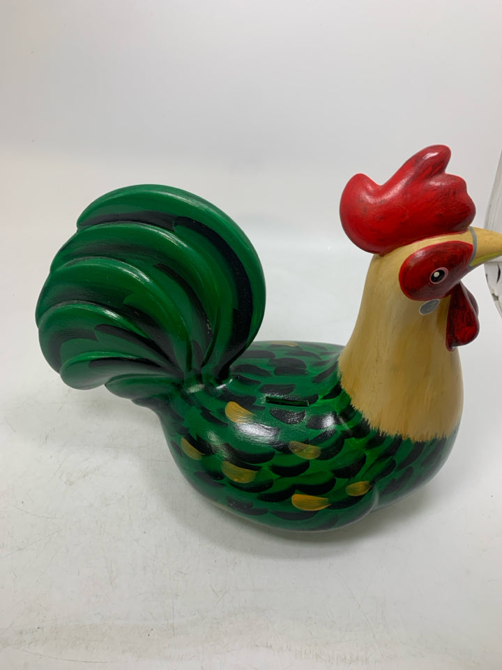 PAINTED SITTING ROOSTER COIN BANK.