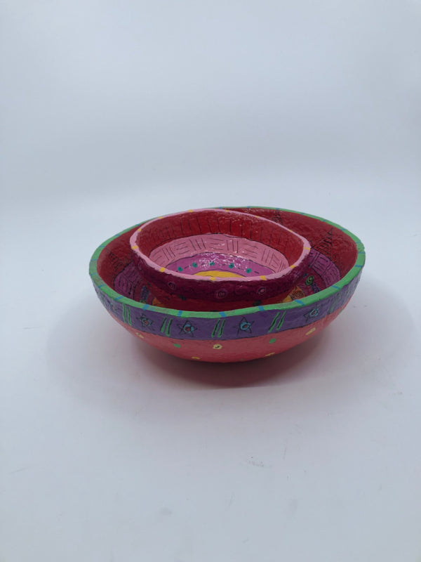 2 PAPER MACHE RED PINK NESTING BOWLS.